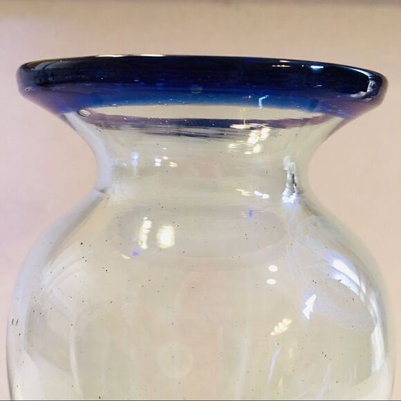 Green Tint Cobalt Blue Rim Bubbled Blown Art Glass Bud Vase - Picture 7 of 16
